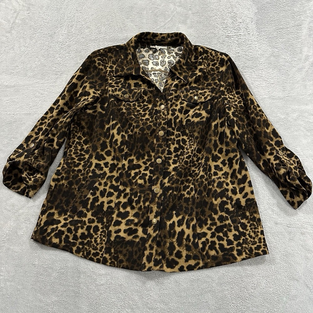 JM Collection Snap Button Shirt Jacket Long Sleeve Women 18W Cheetah Leopard